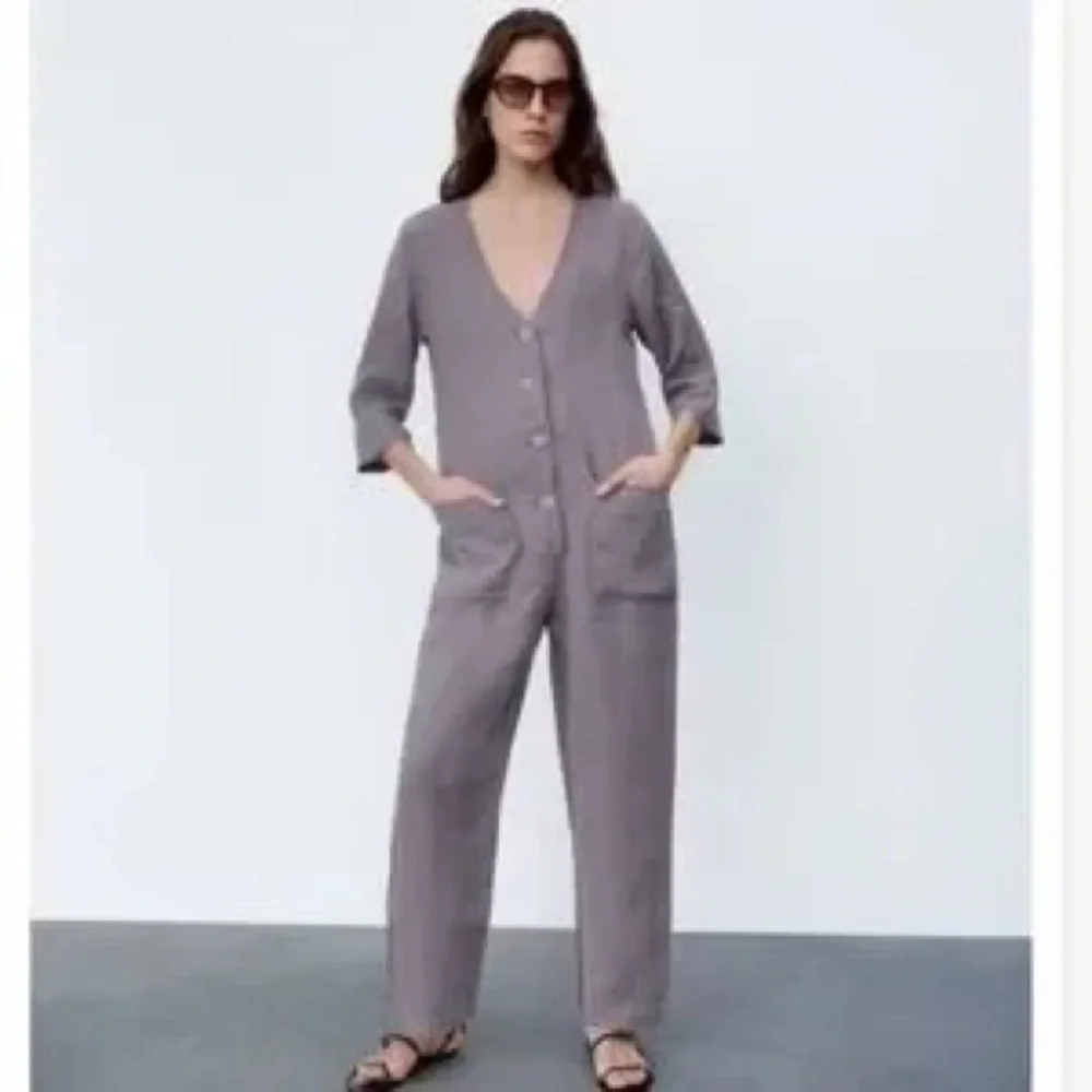 Zara gray Lillian linen Button Front Jumpsuit medium